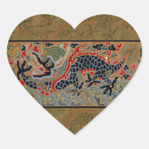 Antique Chinese Dragon Silk Embroidery Pattern Heart Sticker