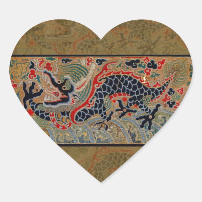 Antique Chinese Dragon Silk Embroidery Pattern Heart Sticker (Front)