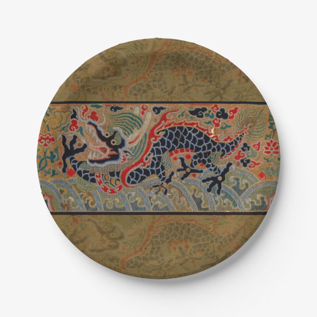 Antique Chinese Dragon Silk Embroidery Pattern Paper Plate (Front)