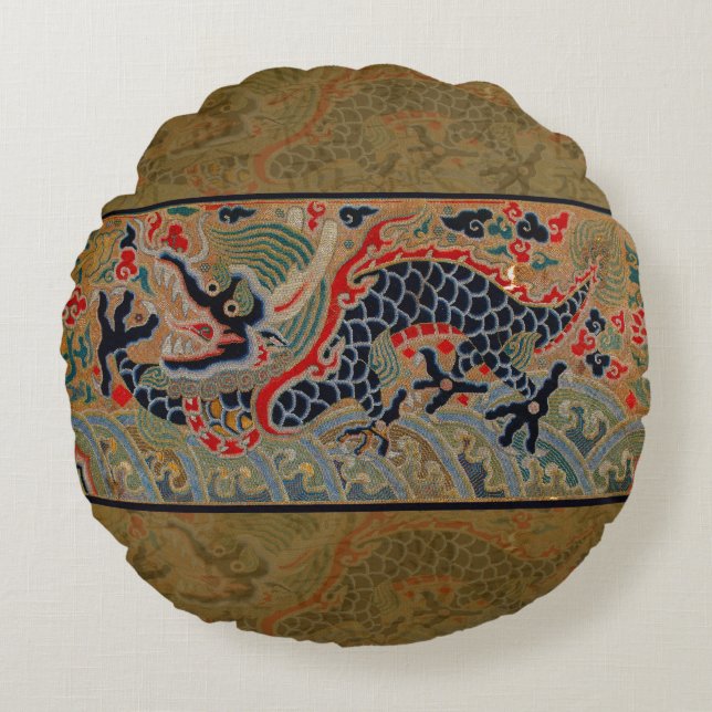Antique Chinese Dragon Silk Embroidery Pattern Round Cushion (Front)
