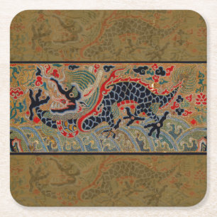 Antique Chinese Dragon Silk Embroidery Pattern Square Paper Coaster