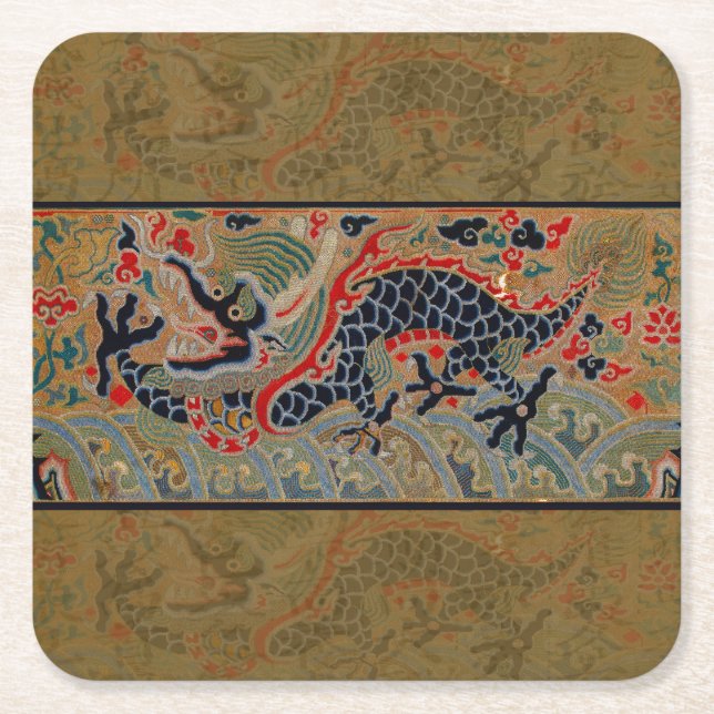 Antique Chinese Dragon Silk Embroidery Pattern Square Paper Coaster (Front)