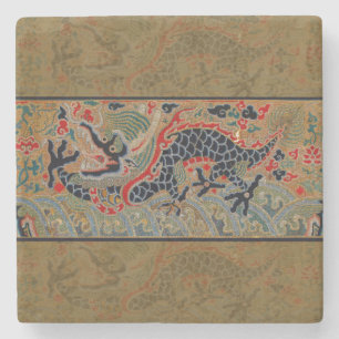 Antique Chinese Dragon Silk Embroidery Pattern Stone Coaster
