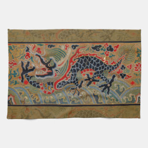 Antique Chinese Dragon Silk Embroidery Pattern Tea Towel