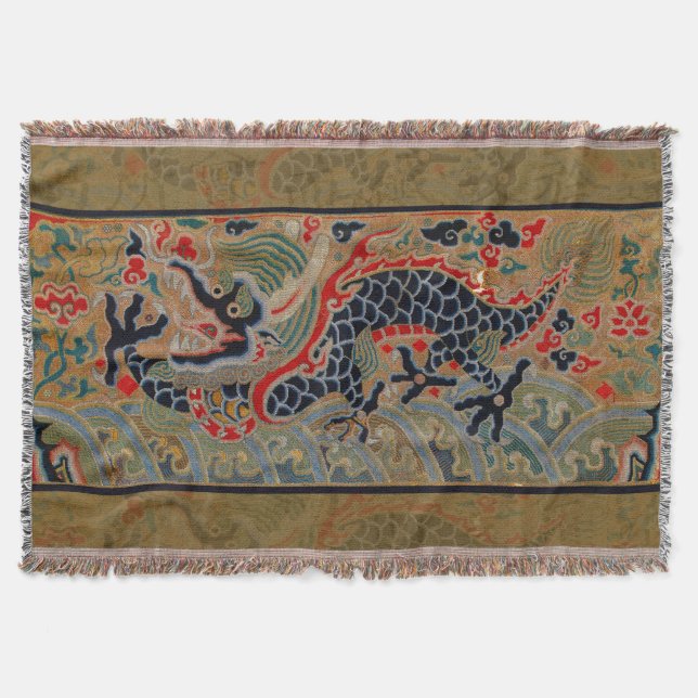 Antique Chinese Dragon Silk Embroidery Pattern Throw Blanket (Front)