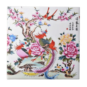 Antique Chinese Floral Birds White Chinoiserie  Tile