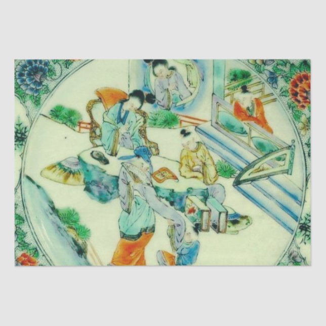 Antique Chinese Green Chinoiserie Floral Decoupage Tissue Paper (Front)