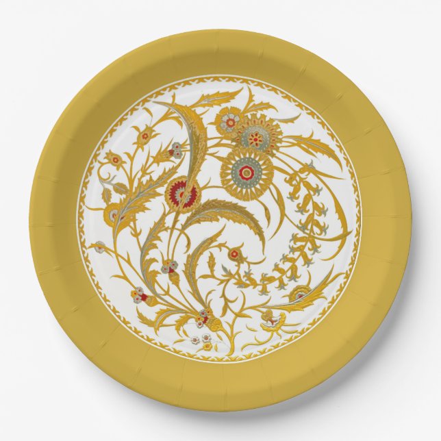 Antique Chinese Jacobean Floral - Mustard Gold Paper Plate (Front)