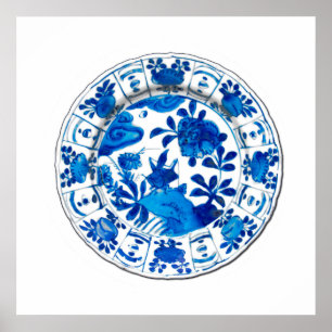 Antique Chinese Plate, Blue Peonies Poster