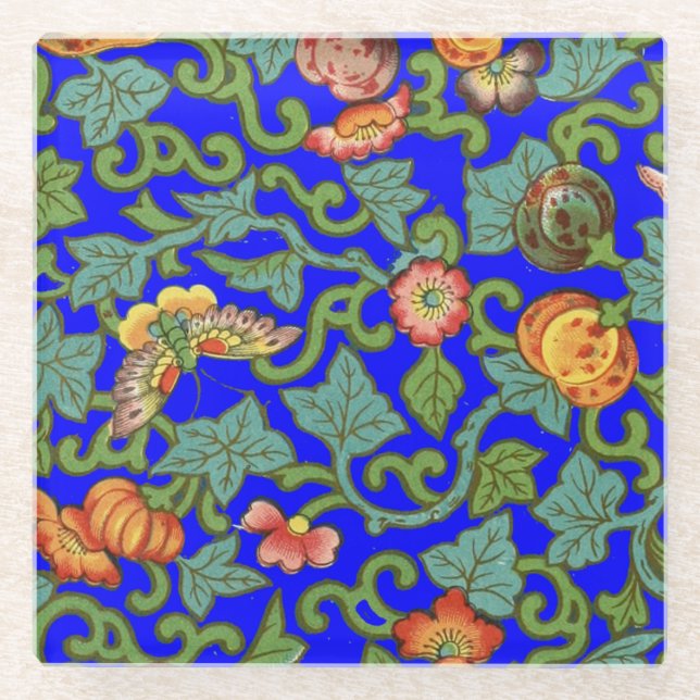 Antique Chinese Porcelain flowers and Butterflies  Glass Coaster (Front)