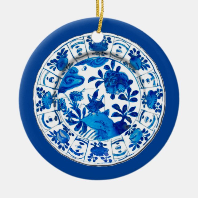 Antique Chinese Porcelain Plate, Blue Flower Vase Ceramic Tree Decoration (Front)