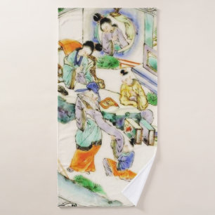 Antique Chinese Vintage White Chinoiserie Floral Bath Towel