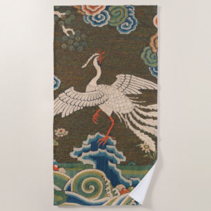 Antique Chinese White Bird Silk Embroidery Print Beach Towel