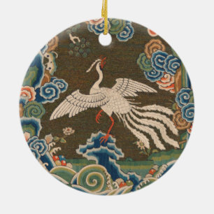 Antique Chinese White Bird Silk Embroidery Print Ceramic Tree Decoration