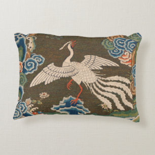 Antique Chinese White Bird Silk Embroidery Print Decorative Cushion