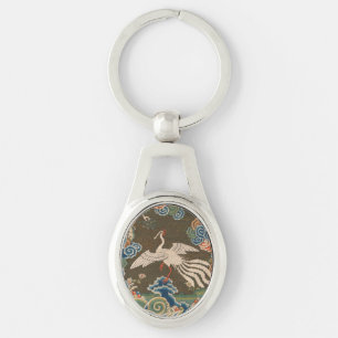 Antique Chinese White Bird Silk Embroidery Print Key Ring