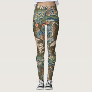 Antique Chinese White Bird Silk Embroidery Print Leggings