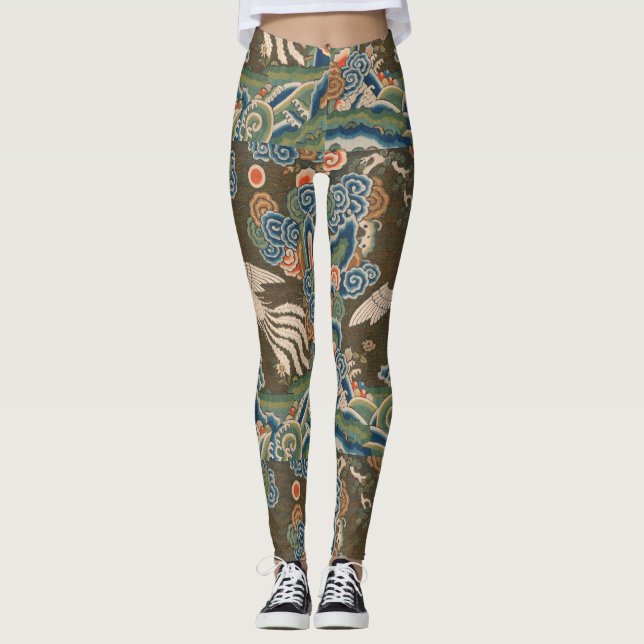 Antique Chinese White Bird Silk Embroidery Print Leggings (Front)