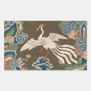 Antique Chinese White Bird Silk Embroidery Print Rectangular Sticker