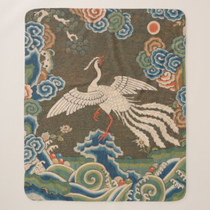 Antique Chinese White Bird Silk Embroidery Print Sherpa Blanket