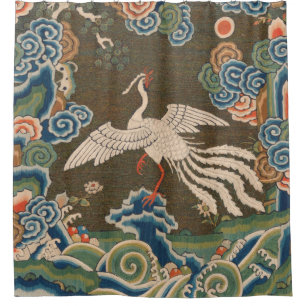 Antique Chinese White Bird Silk Embroidery Print Shower Curtain