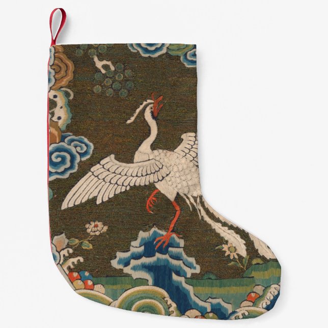 Antique Chinese White Bird Silk Embroidery Print Small Christmas Stocking (Front)