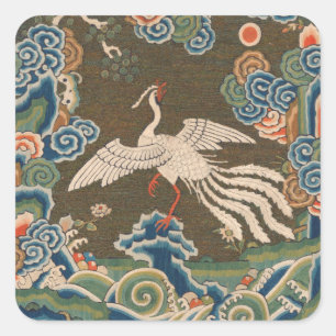 Antique Chinese White Bird Silk Embroidery Print Square Sticker