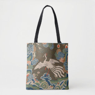 Antique Chinese White Bird Silk Embroidery Print Tote Bag