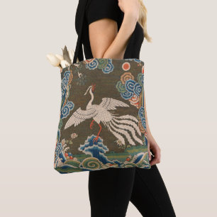 Antique Chinese White Bird Silk Embroidery Print Tote Bag