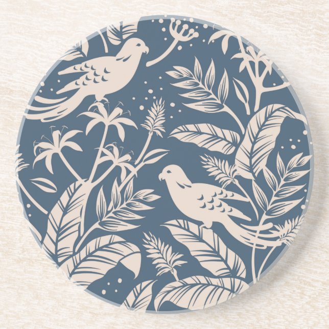 Antique Chinoiserie Bird Floral Blue Grey & Ivory Coaster (Front)