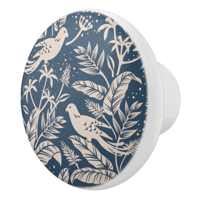 Antique Chinoiserie Bird Floral Blue & Ivory Ceramic Knob (Right)