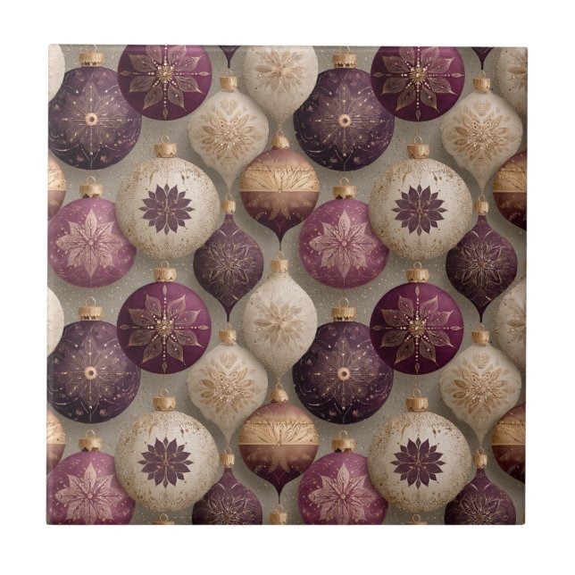 Antique Christmas Bauble Pattern Plum Gold Cream Tile (Front)