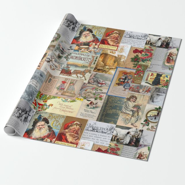Antique Christmas Ephemera Collage Decoupage Wrapping Paper (Unrolled)