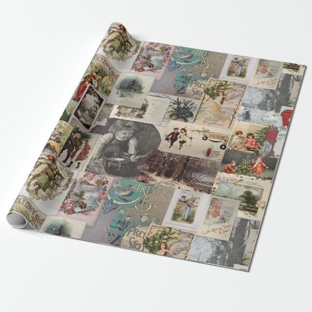 Antique Christmas Ephemera Collage Decoupage Wrapping Paper (Unrolled)