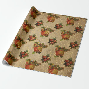 Antique Christmas Fruits Red Merry Christmas Gold Wrapping Paper