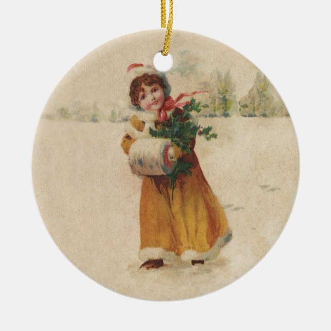 Antique Christmas Girl Winter Child Ceramic Tree Decoration (Front)
