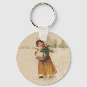Antique Christmas Girl Winter Child Key Ring