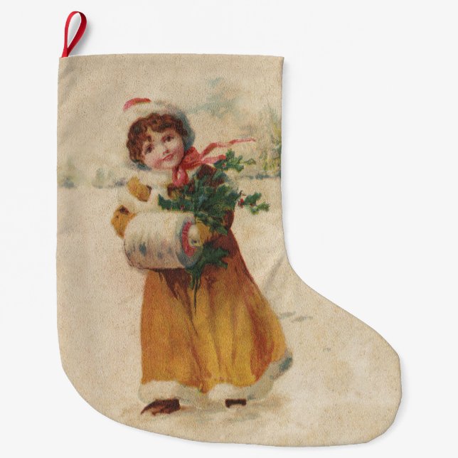 Antique Christmas Girl Winter Child Large Christmas Stocking (Front)