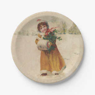 Antique Christmas Girl Winter Child Paper Plate