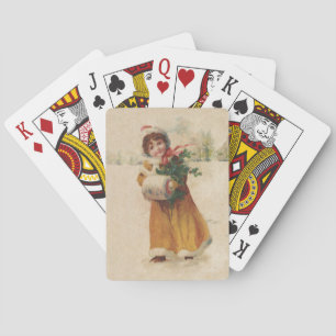 Antique Christmas Girl Winter Child Playing Cards