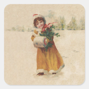 Antique Christmas Girl Winter Child Square Sticker