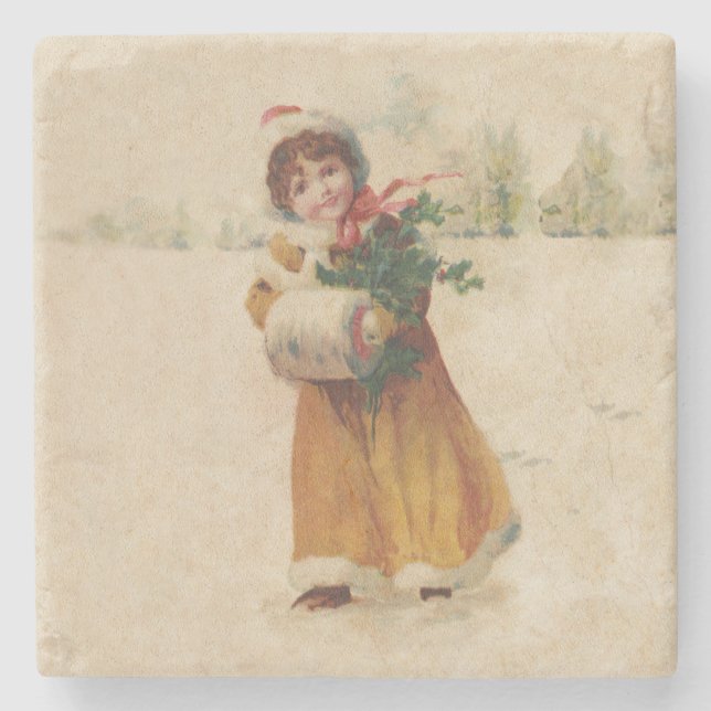 Antique Christmas Girl Winter Child Stone Coaster (Front)