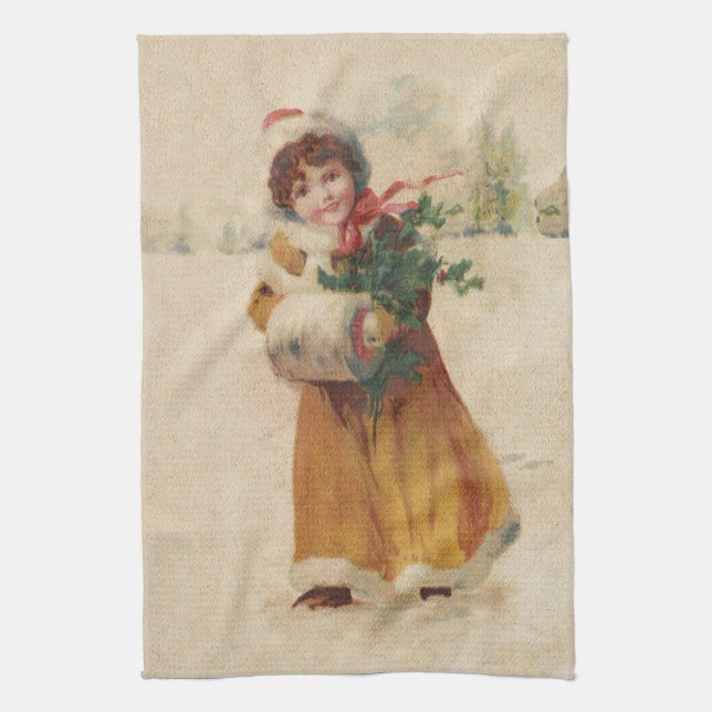 Antique Christmas Girl Winter Child Tea Towel (Vertical)