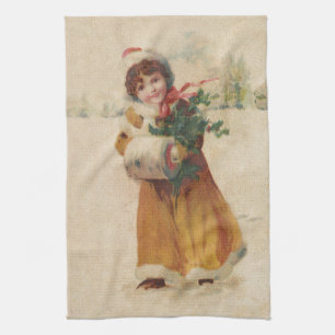 Antique Christmas Girl Winter Child Tea Towel