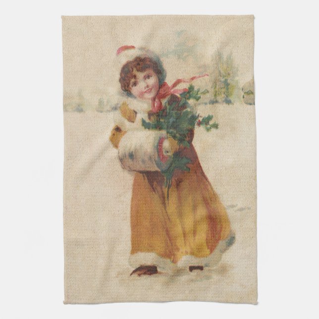 Antique Christmas Girl Winter Child Tea Towel (Vertical)