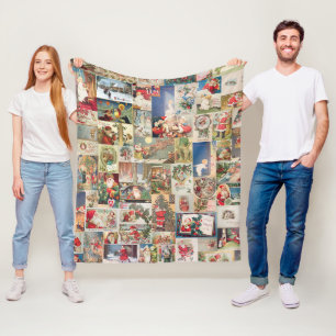 Antique Christmas Holiday Greeting Cards Pattern Fleece Blanket