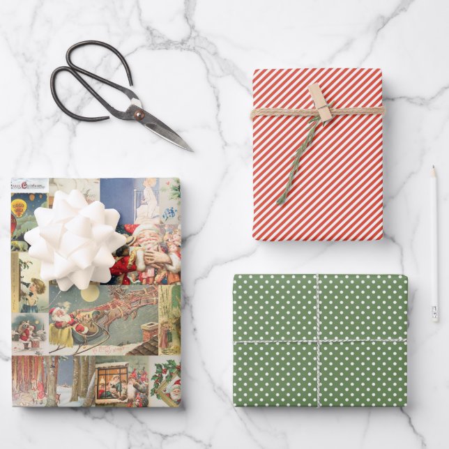 Antique Christmas Holiday Greeting Cards Pattern Wrapping Paper Sheet (Front)