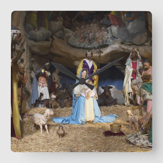 Antique Christmas Nativity Scene Square Wall Clock (Front)