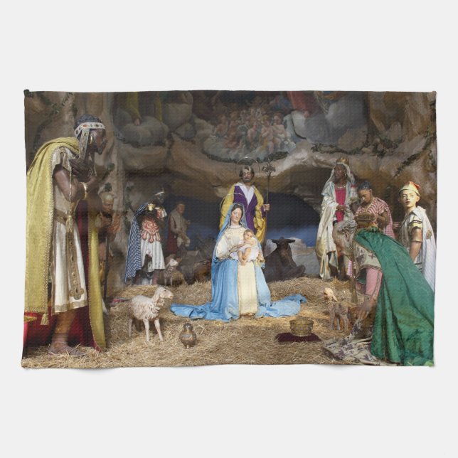 Antique Christmas Nativity Scene Tea Towel (Horizontal)