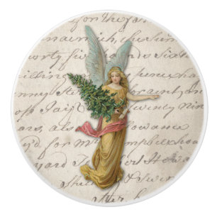 Antique Christmas Tree Angel Victorian Paper Scrap Ceramic Knob